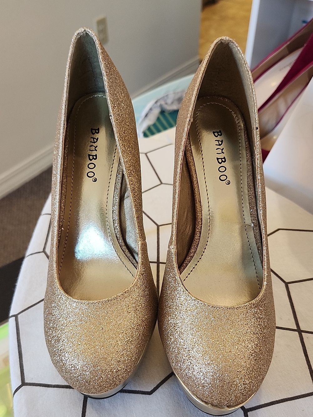 BAMBOO Colada-29 Gold Glitter Round-Toe Platform Pumps